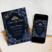 Quinceanera Navy Blue Gold Butterfly Dress Floral セーブザデート