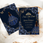 Quinceanera Navy Blue Gold Butterfly Dress Floral セーブザデート
