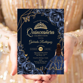 Quinceanera Navy Blue Gold Butterfly Dress Floral 招待状