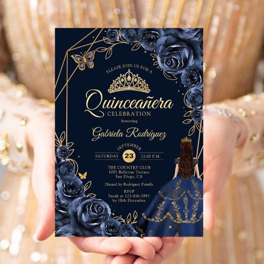 Quinceanera Navy Blue Gold Butterfly Dress Floral 招待状