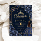 Quinceanera Navy Blue Gold Butterfly Dress Floral 招待状