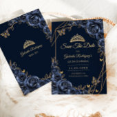 Quinceanera Navy Blue Gold Floral Butterfly セーブザデート
