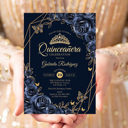 Quinceanera Navy Blue Gold Floral Butterfly 招待状