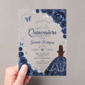 Quinceanera Navy Blue Silver Floral Dress アクリル招待状 (インサイチュ (ポータブル))