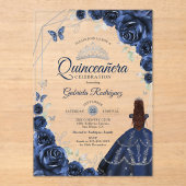 Quinceanera Navy Blue Silver Floral Dress アクリル招待状 (正面)