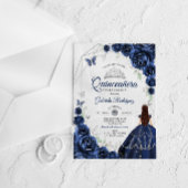 Quinceanera Navy Blue Silver Floral Dress アクリル招待状