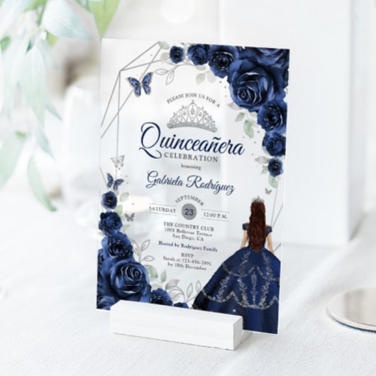 Quinceanera Navy Blue Silver Floral Dress アクリル招待状
