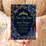Quinceanera Navy Gold Butterflies Roses セーブザデート<br><div class="desc">Navy and gold Quinceanera celebration save the date card. Features brunette girl in ball gown dress,  silver butterflies,  watercolor roses tiara and script font. Perfect for an elegant princess style glam celebration. Personalize with your own details. Printed Zazzle cards or instant download digital printable template.</div>