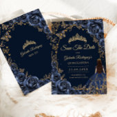 Quinceanera Navy Gold Butterflies Roses セーブザデート