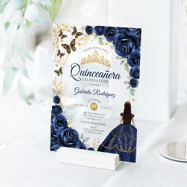 Quinceanera Navy Gold Floral アクリル招待状
