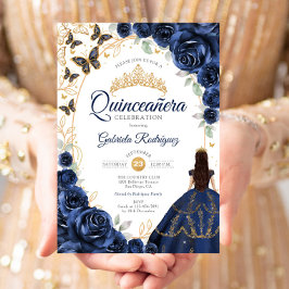 Quinceanera Navy Gold Floral 招待状