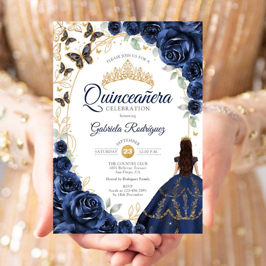 Quinceanera Navy Gold Floral 招待状