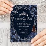 Quinceanera Navy Silver Butterflies Roses セーブザデート<br><div class="desc">Navy and silver Quinceanera celebration save the date card. Features brunette girl in ball gown dress,  silver butterflies,  watercolor roses tiara and script font. Perfect for an elegant princess style glam celebration. Personalize with your own details. Printed Zazzle cards or instant download digital printable template.</div>