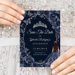 Quinceanera Navy Silver Butterflies Roses セーブザデート<br><div class="desc">Navy and silver Quinceanera celebration save the date card. Features brunette girl in ball gown dress,  silver butterflies,  watercolor roses tiara and script font. Perfect for an elegant princess style glam celebration. Personalize with your own details. Printed Zazzle cards or instant download digital printable template.</div>