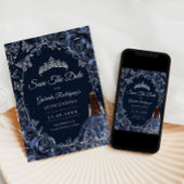 Quinceanera Navy Silver Butterflies Roses セーブザデート