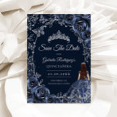 Quinceanera Navy Silver Butterflies Roses セーブザデート