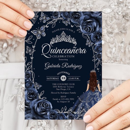 Quinceanera Navy Silver Butterflies Roses 招待状