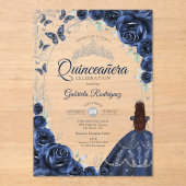 Quinceanera Navy Silver Floral アクリル招待状 (正面)