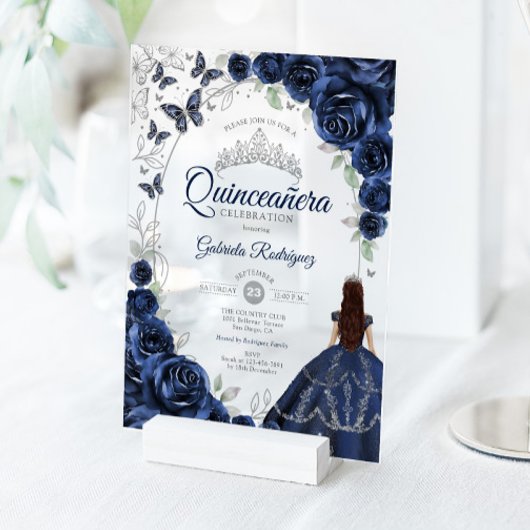 Quinceanera Navy Silver Floral アクリル招待状