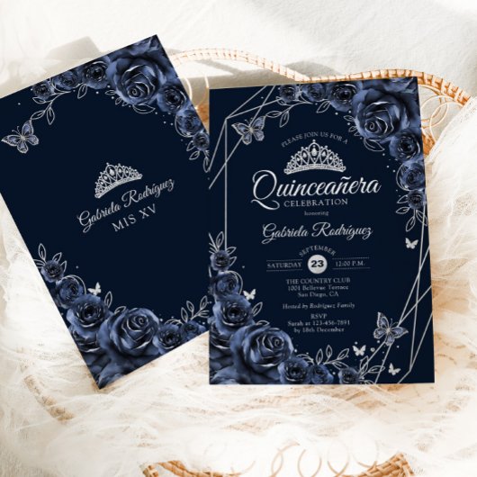 Quinceanera Navy Silver Floral 招待状