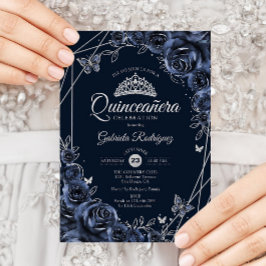 Quinceanera Navy Silver Floral 招待状