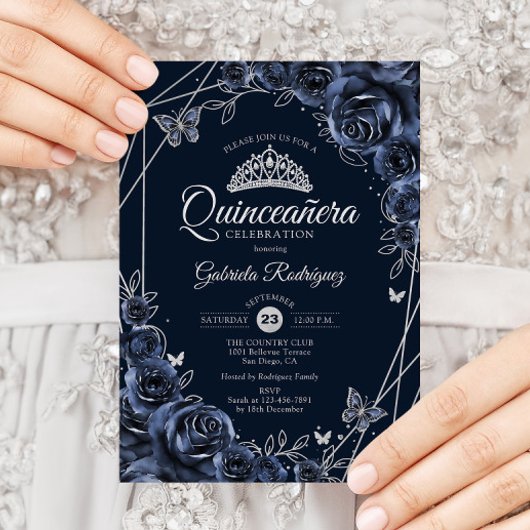 Quinceanera Navy Silver Floral 招待状