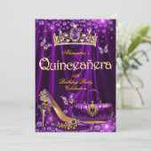 Quinceanera party Purple Tiara High heel gold 招待状 (スタンド正面)