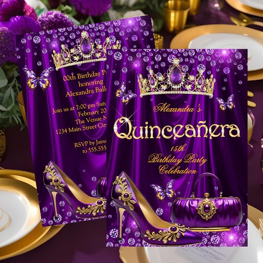 Quinceanera party Purple Tiara High heel gold 招待状