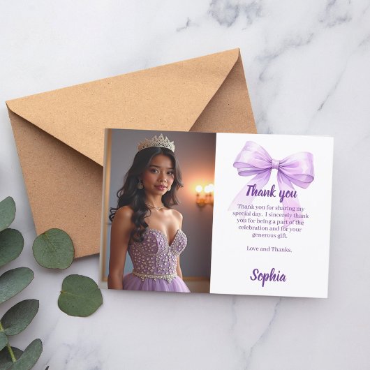 Quinceanera photo bow purple script サンキューカード