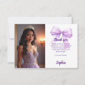 Quinceanera photo bow purple script サンキューカード (正面)