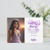 Quinceanera photo bow purple script サンキューカード (スタンド正面)