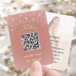 Quinceañera Photo QR RSVP Rose Gold Crown Scan Me エンクロージャーカード