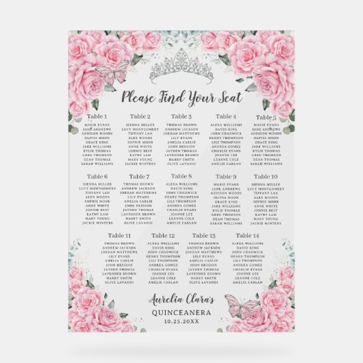 Quinceanera Pink Floral Butterflies Seating Chart アクリルサイン (正面)