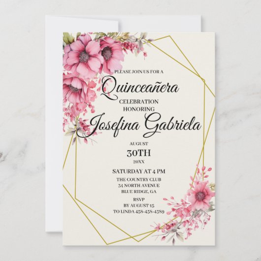 Quinceañera pink floral Invitation 招待状 (正面)