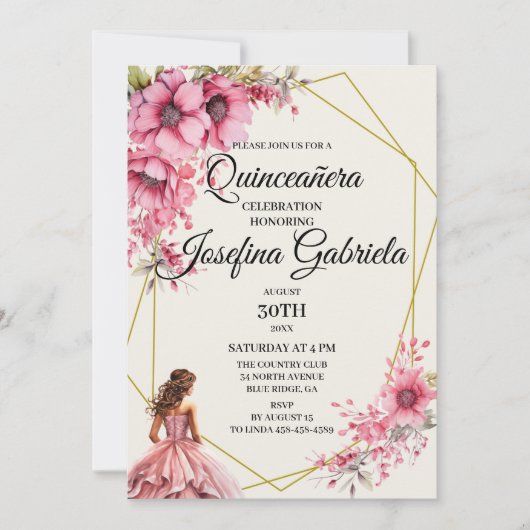 Quinceañera pink floral Invitation 招待状 (正面)