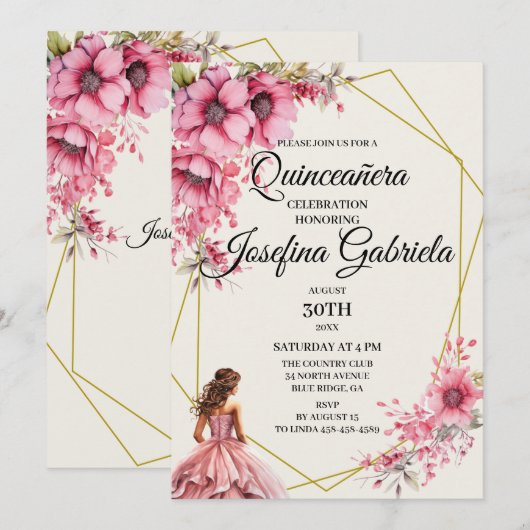 Quinceañera pink floral Invitation 招待状 (正面/裏面)