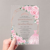 Quinceanera Pink Floral Princess Dress Rose Gold アクリル招待状 (インサイチュ (ポータブル))