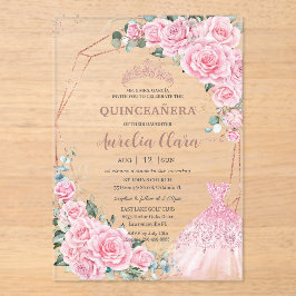 Quinceanera Pink Floral Princess Dress Rose Gold アクリル招待状