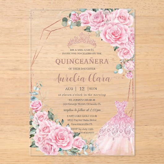 Quinceanera Pink Floral Princess Dress Rose Gold アクリル招待状 (正面)