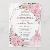 Quinceanera Pink Floral Princess Dress Rose Gold 招待状 (正面)