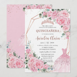 Quinceanera Pink Floral Princess Dress Rose Gold 招待状