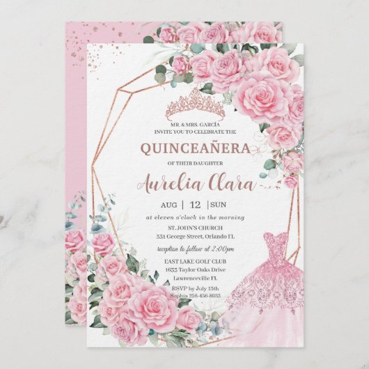 Quinceanera Pink Floral Princess Dress Rose Gold 招待状 (正面/裏面)