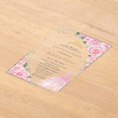 Quinceanera Pink Roses Floral Princess Dress Gown アクリル招待状 (レイダウン)