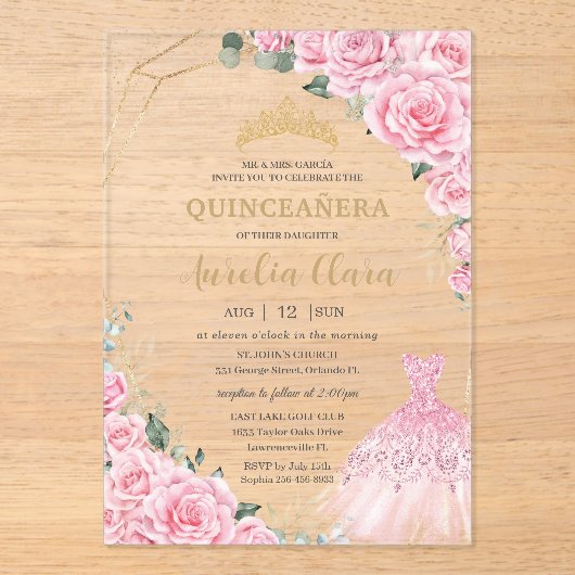 Quinceanera Pink Roses Floral Princess Dress Gown アクリル招待状 (正面)