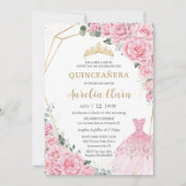 Quinceanera Pink Roses Floral Princess Dress Gown 招待状 (正面)
