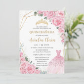 Quinceanera Pink Roses Floral Princess Dress Gown 招待状 (スタンド正面)