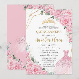Quinceanera Pink Roses Floral Princess Dress Gown 招待状