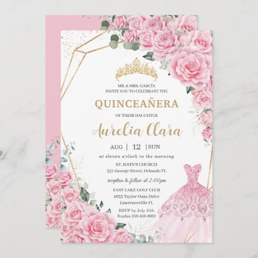 Quinceanera Pink Roses Floral Princess Dress Gown 招待状 (正面/裏面)