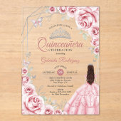 Quinceanera Pink Silver Dress Floral アクリル招待状 (正面)