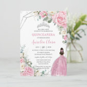 Quinceañera Pink White Floral Silver 16th Birthday 招待状 (スタンド正面)